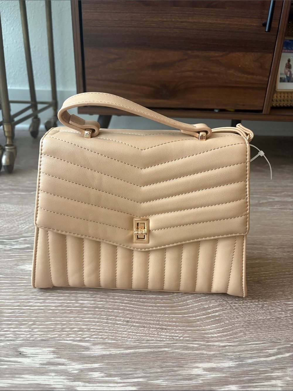 Quilted Top-Handle Satchel in Nude Beige with Gold Hardware